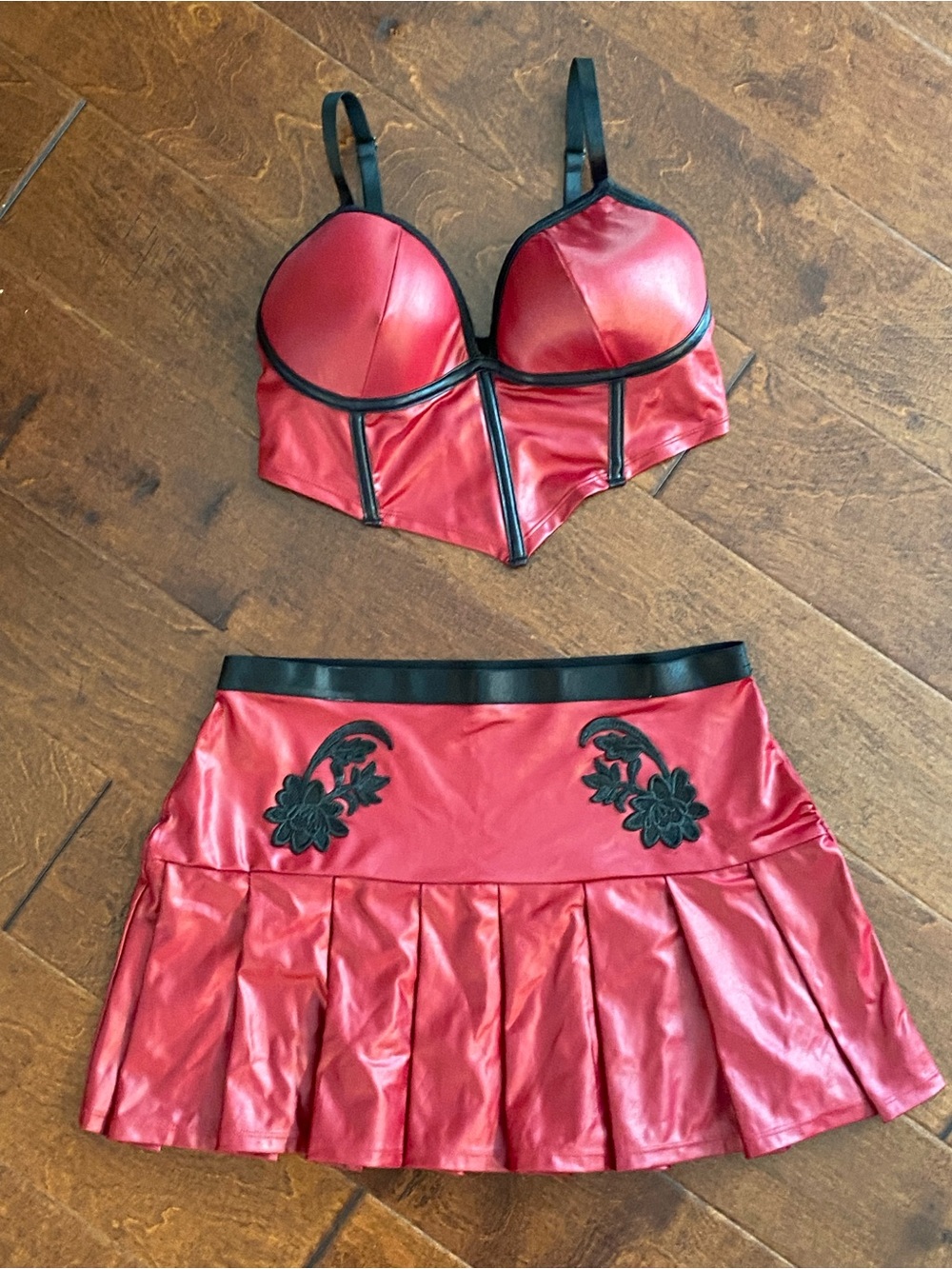 Darque by Coquette Red Faux Leather Corset Top & Pleated Mini Skirt Set M